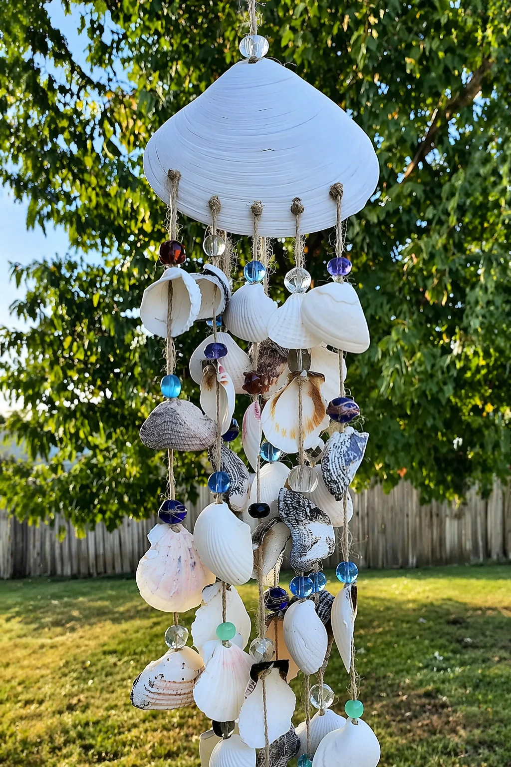 Hand-tied seashell wind chime with twine, glass beads, and natural shells; moderate difficulty.
