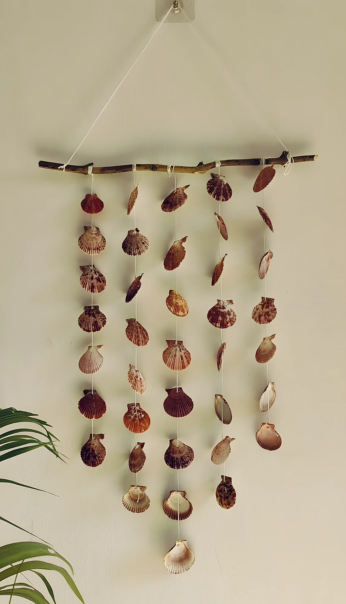 Rustic shell garland made with driftwood, twine, and scallop shells; simple intermediate-level coastal wall hanging.
