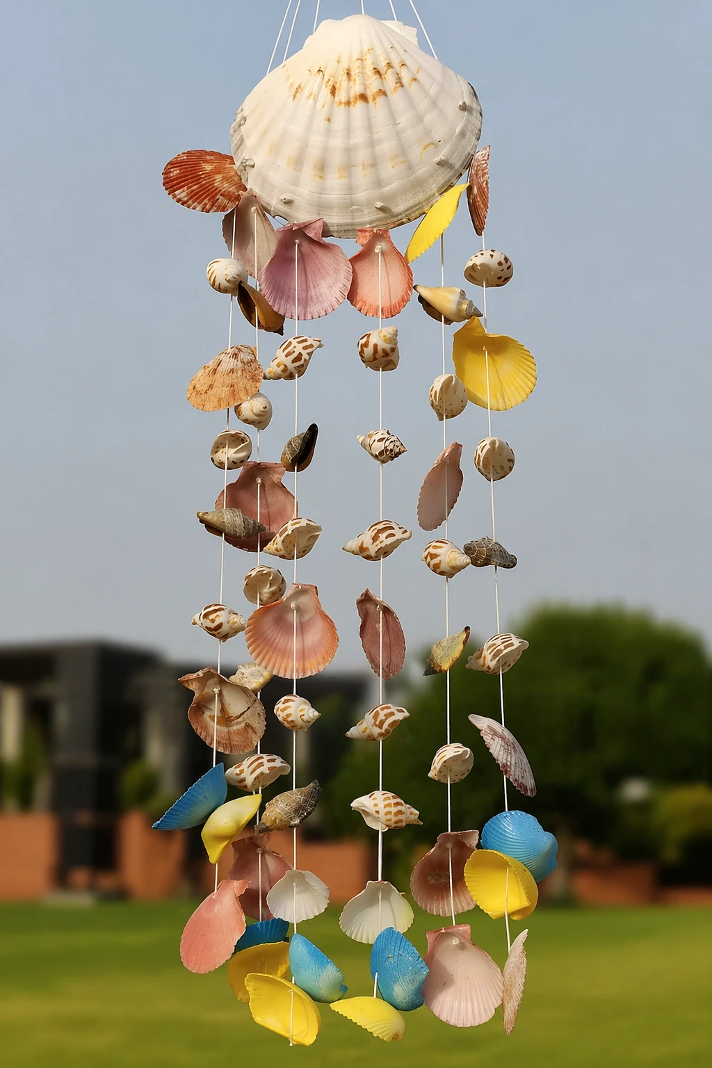 Tall layered shell wind chime with varied shells, painted accents, and twine; moderately advanced handmade decor.