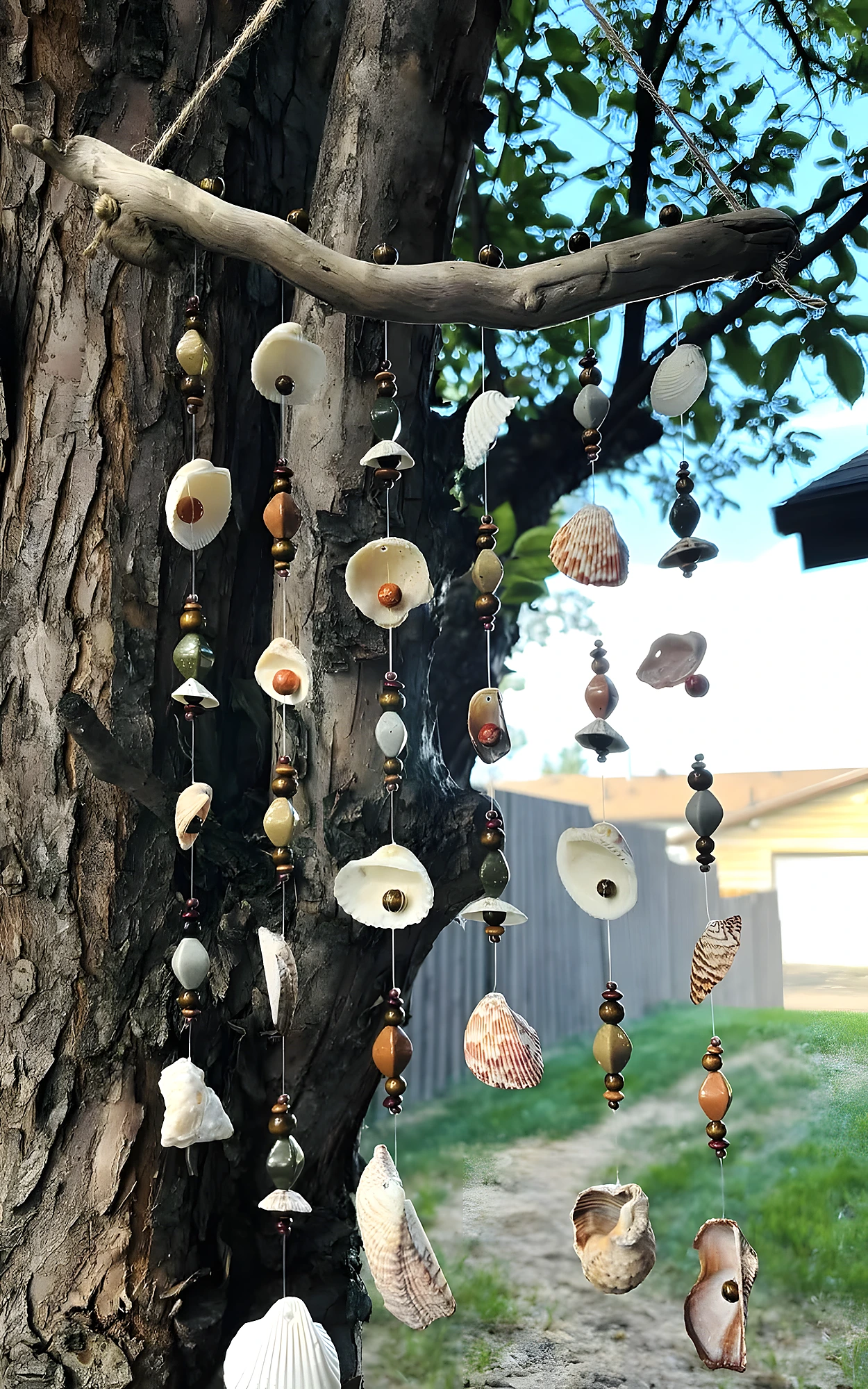 Outdoor driftwood wind chime with shells, wooden beads, and twine; moderate difficulty with balanced strand assembly.