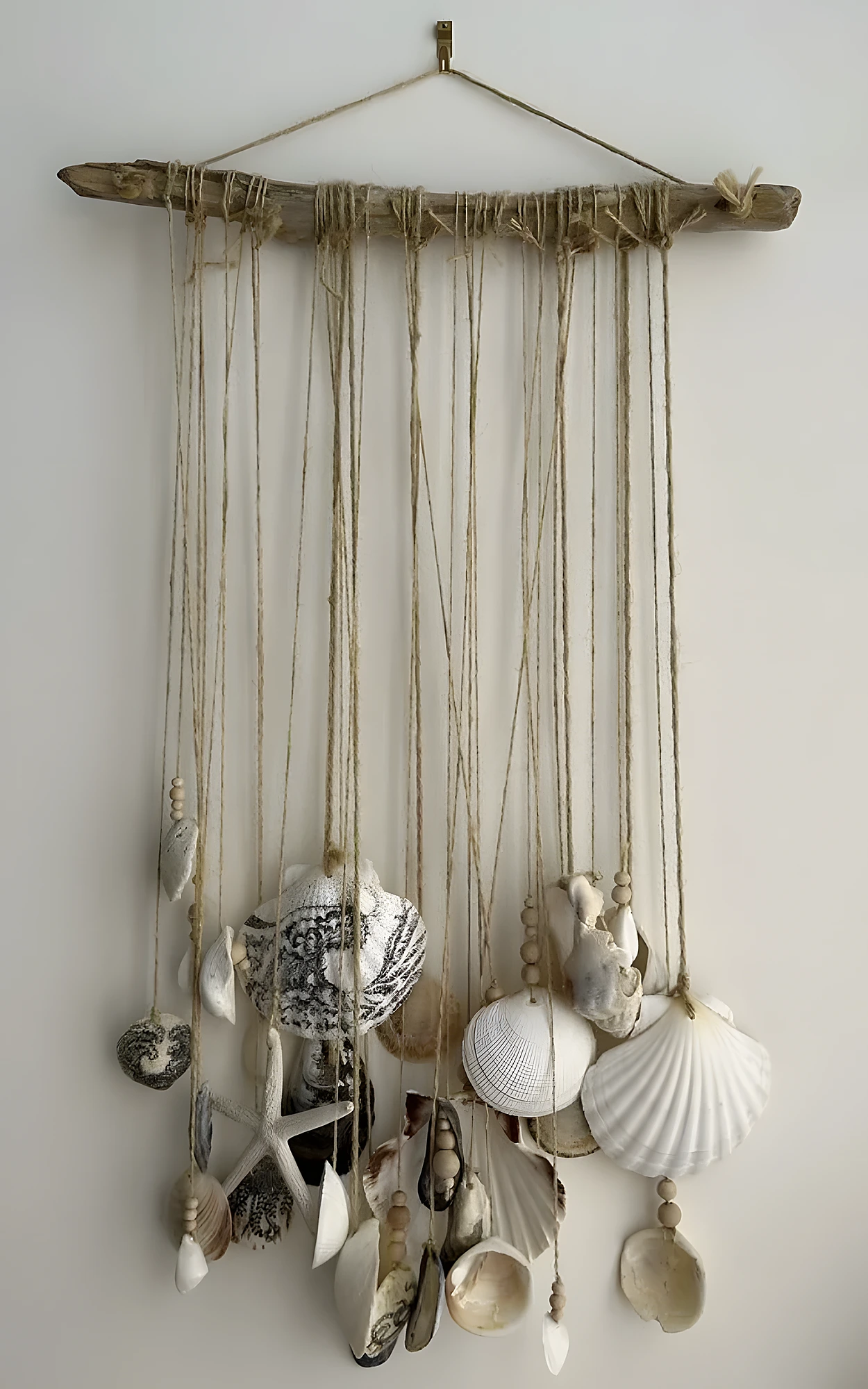 Minimalist wall decor using driftwood, jute twine, and mixed shells; easy-to-moderate boho craft project.