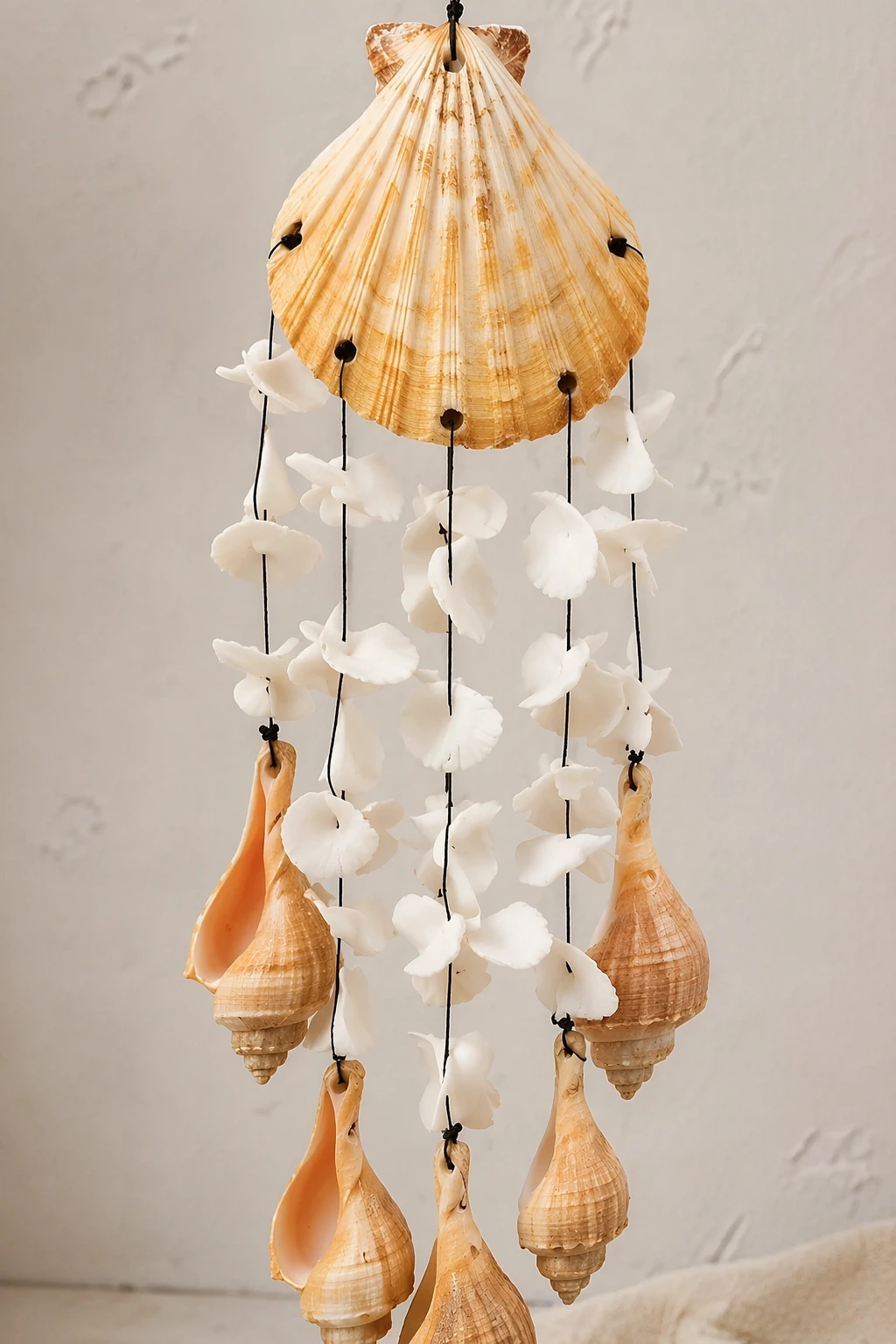 Hanging seashell mobile with conch shells, white petal beads, and black cord; simple coastal craft with light drilling.