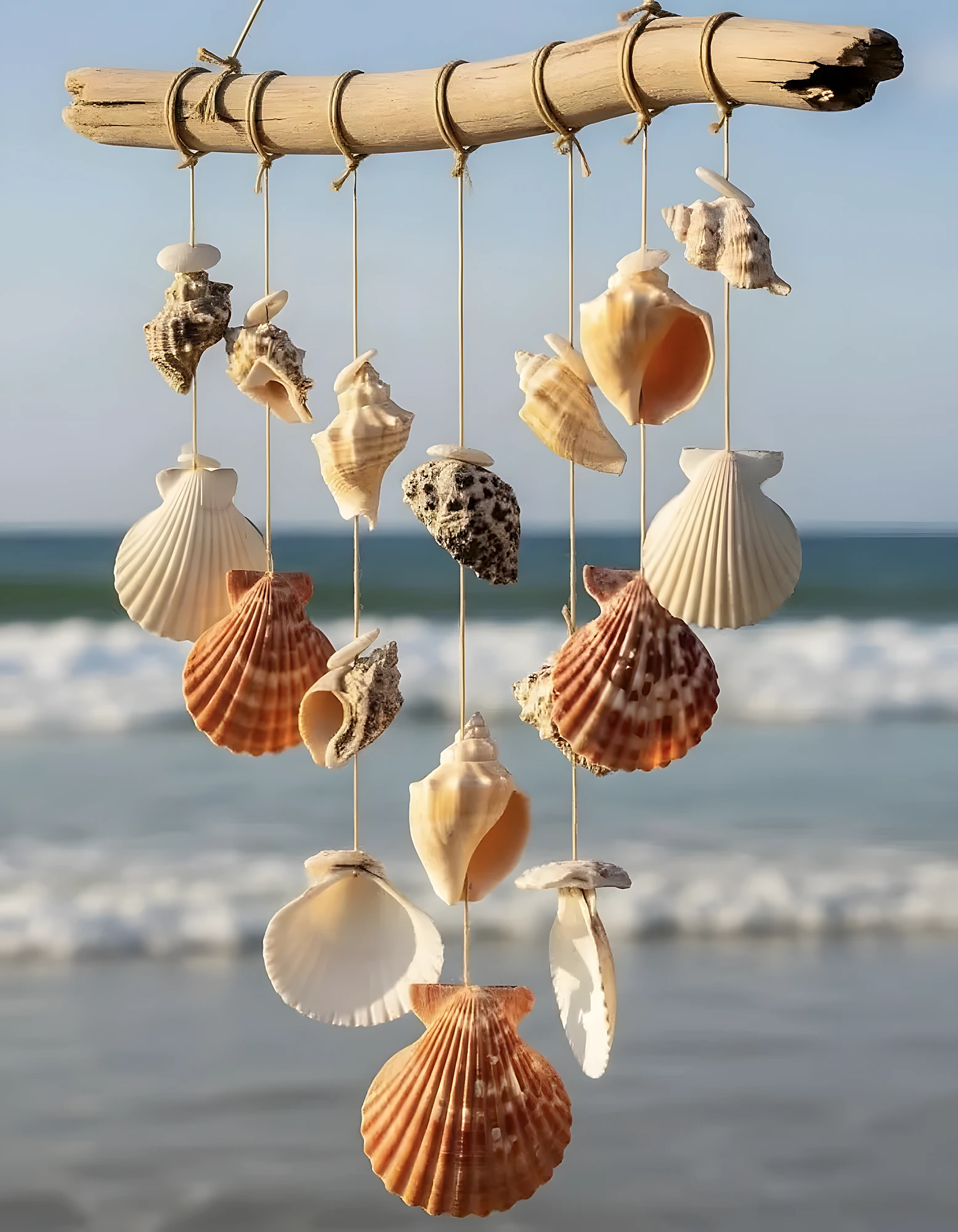 Rustic driftwood wind chime with hanging shells on cord, simple construction, beginner-friendly.