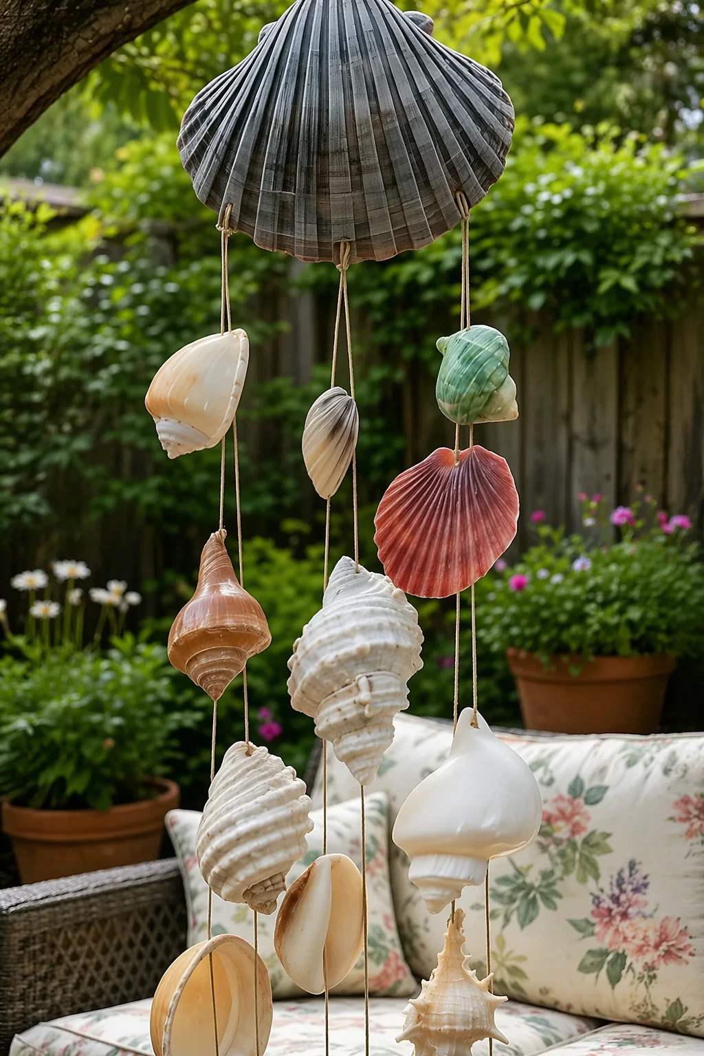 Natural shell mobile with twine, oversized scallop shells, and a woven top, intermediate handmade seaside craft.