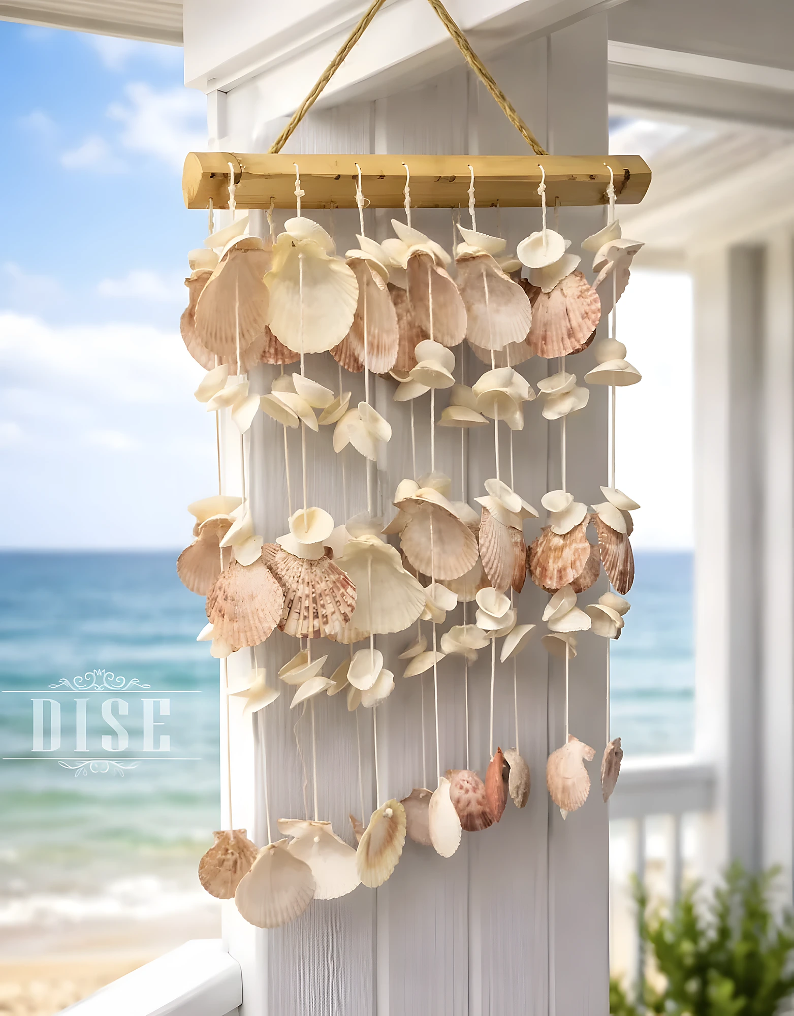 Layered seashell wind chime with wooden dowel, twine, and shell discs; beginner-to-intermediate coastal wall decor.