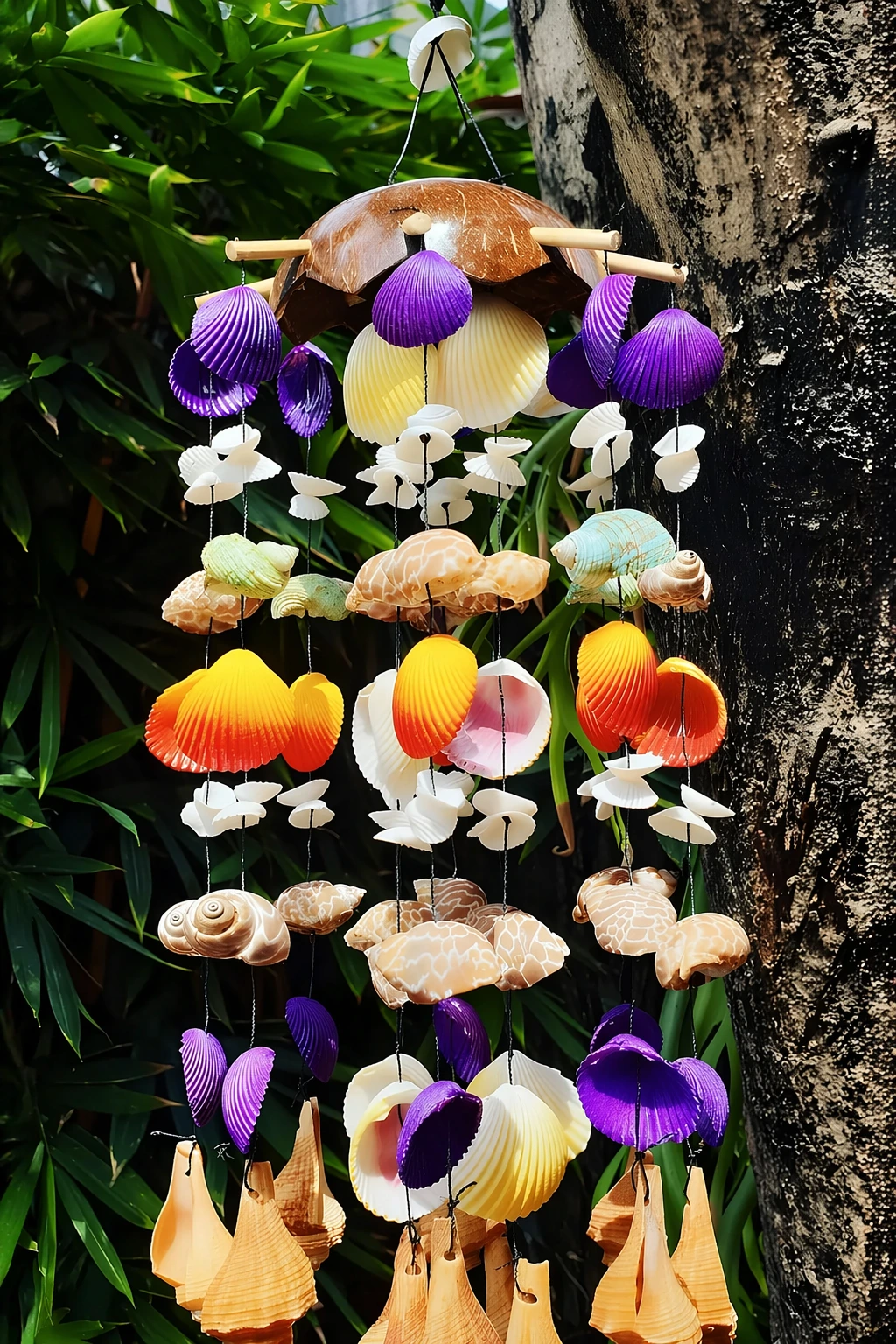Layered seashell wind chime with painted shells, wooden dowels, and twine; medium difficulty outdoor craft project.