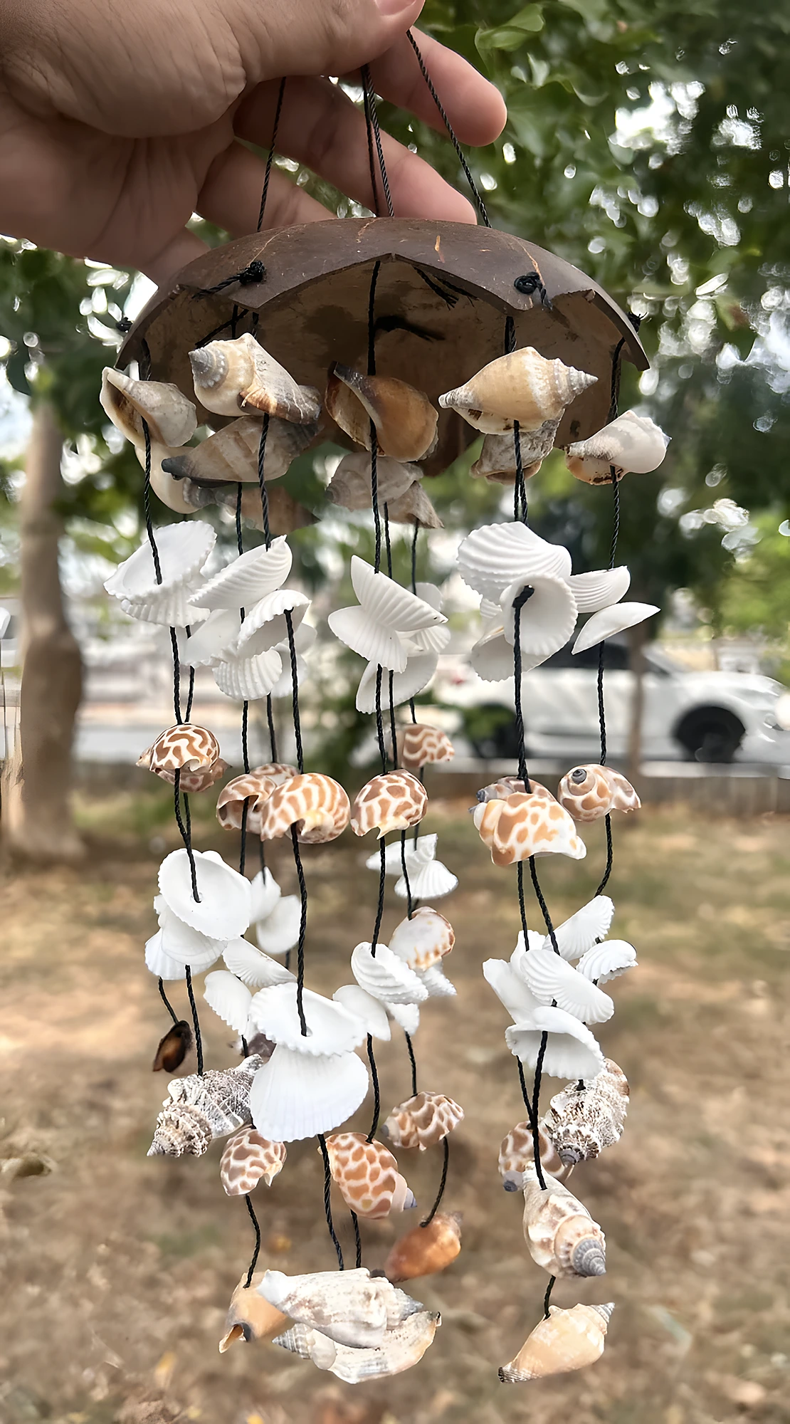 Hanging shell wind chime with black cord, mixed patterned shells, and dome top; moderate handmade craft.