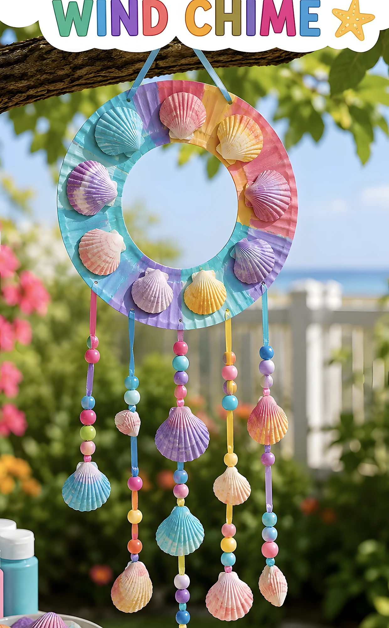 Painted cardboard ring with glued seashells and dangling bead strands, beginner-friendly coastal craft.