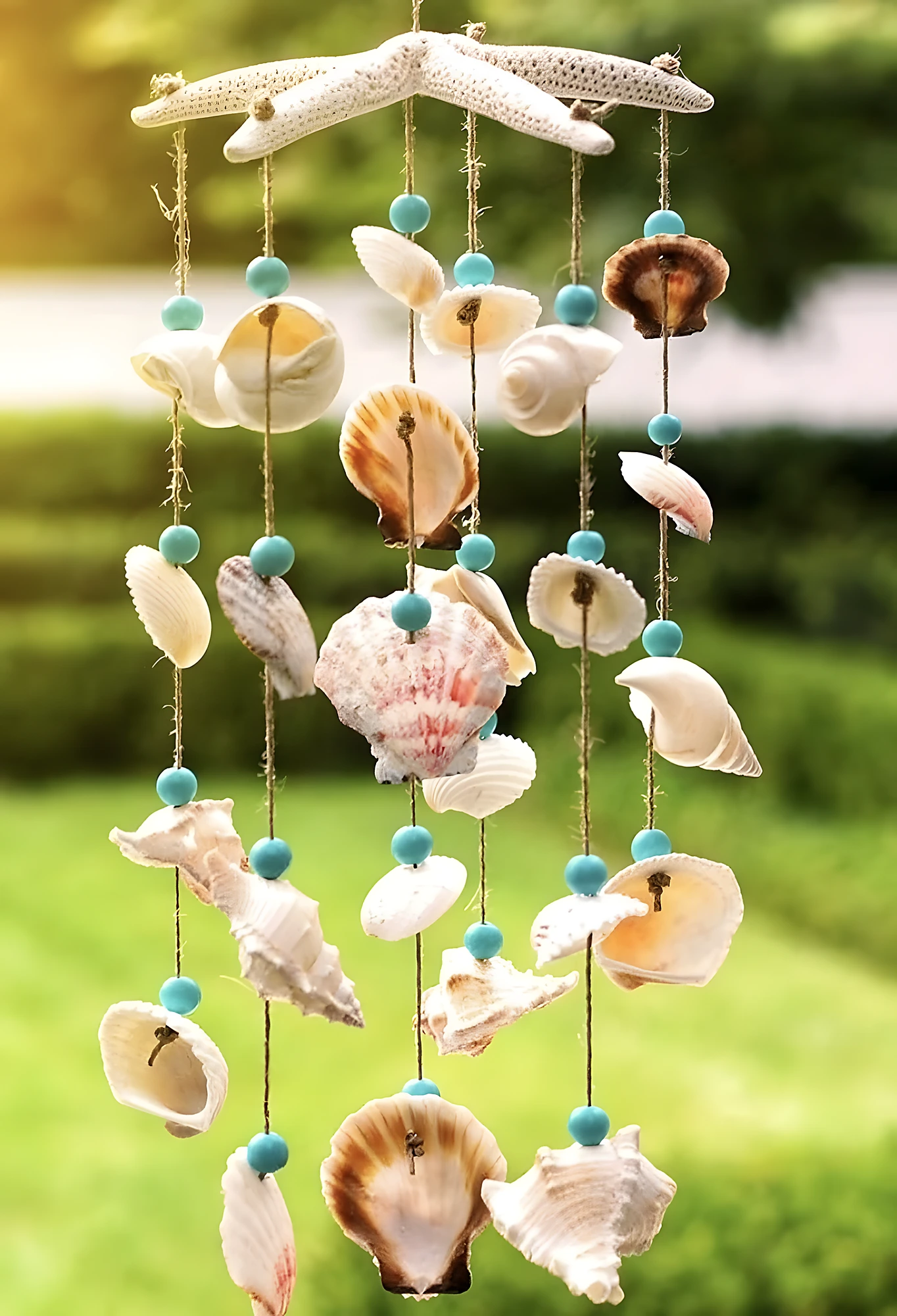 Delicate shell mobile with starfish top, aqua beads, and natural twine; simple-to-moderate handmade decor.